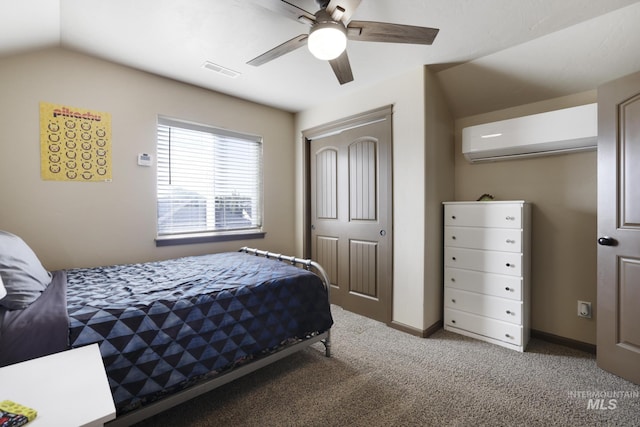 812 Kelli Ln, Filer, ID 83328 - bedroom featuring visible vents, a wall mounted air conditioner, ceiling fan, vaulted ceiling, and carpet flooring