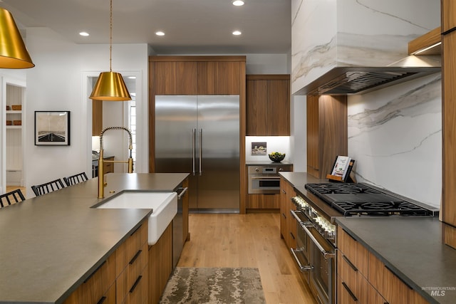 kitchen featuring decorative light fixtures, appliances with stainless steel finishes, sink, light wood-type flooring, and premium range hood