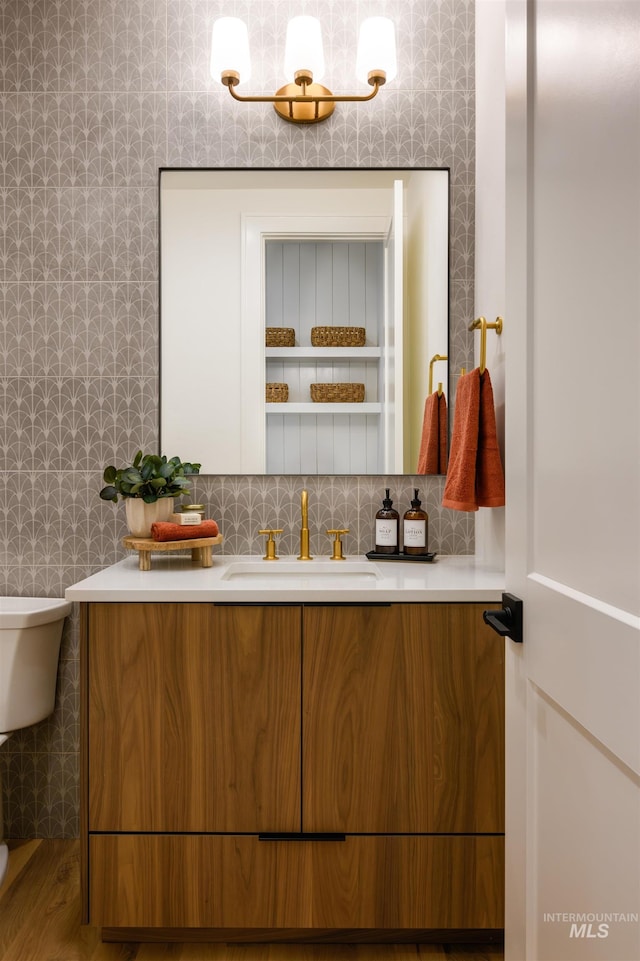 bathroom featuring vanity, tasteful backsplash, hardwood / wood-style floors, and toilet