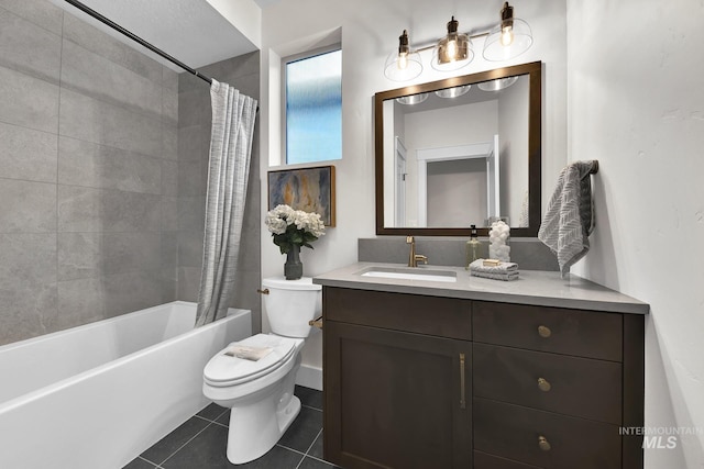 2477 E Galleon Ln, Meridian, ID 83642 - bathroom featuring tile patterned floors, vanity, toilet, and shower / bathtub combination with curtain