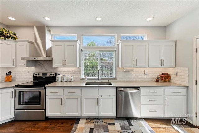 2668 N Morello, Meridian, ID 83646 - kitchen featuring stainless steel appliances, a wealth of natural light, wall chimney exhaust hood, and a sink