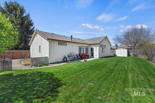 2668 N Morello, Meridian, ID 83646 - back of property with a storage shed, a vegetable garden, a lawn, an outdoor structure, and a patio