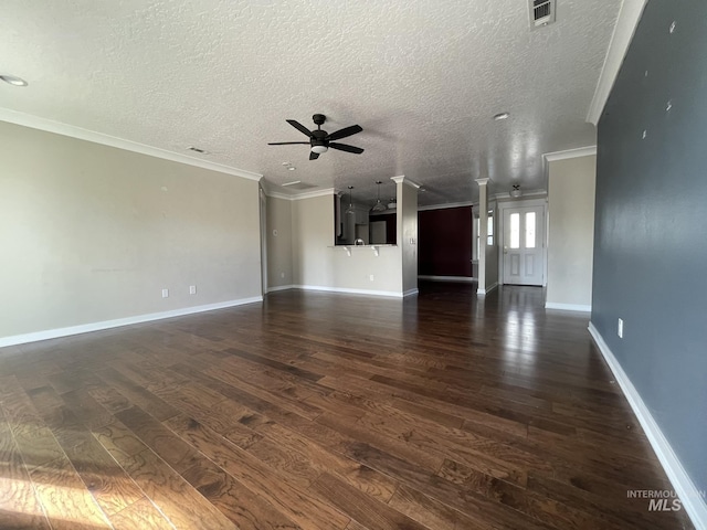 unfurnished living room with baseboards, visible vents, ceiling fan, ornamental molding, and dark wood-style flooring