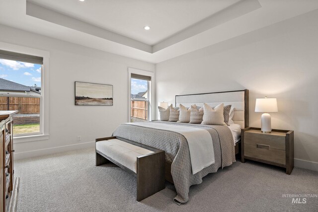 205 S Sunniva Ave, Kuna, ID 83634 - bedroom with light carpet, baseboards, a raised ceiling, and recessed lighting