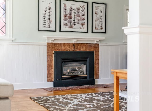 517 E C St, Moscow, ID 83843 - detailed view of wood finished floors, a wainscoted wall, and a tile fireplace