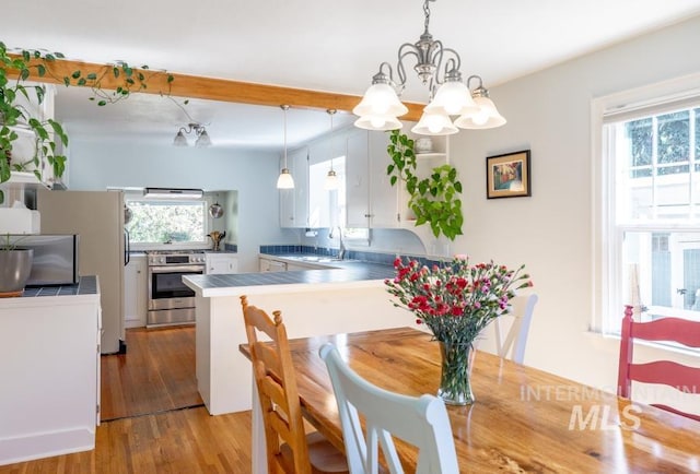 517 E C St, Moscow, ID 83843 - dining room featuring a chandelier, plenty of natural light, and wood finished floors