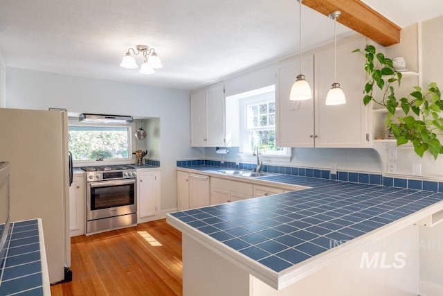 517 E C St, Moscow, ID 83843 - kitchen featuring gas range, a sink, freestanding refrigerator, open shelves, and light wood-style flooring