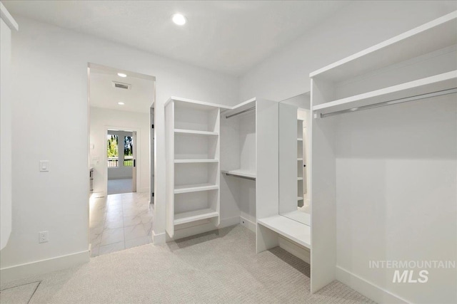 spacious closet featuring light colored carpet