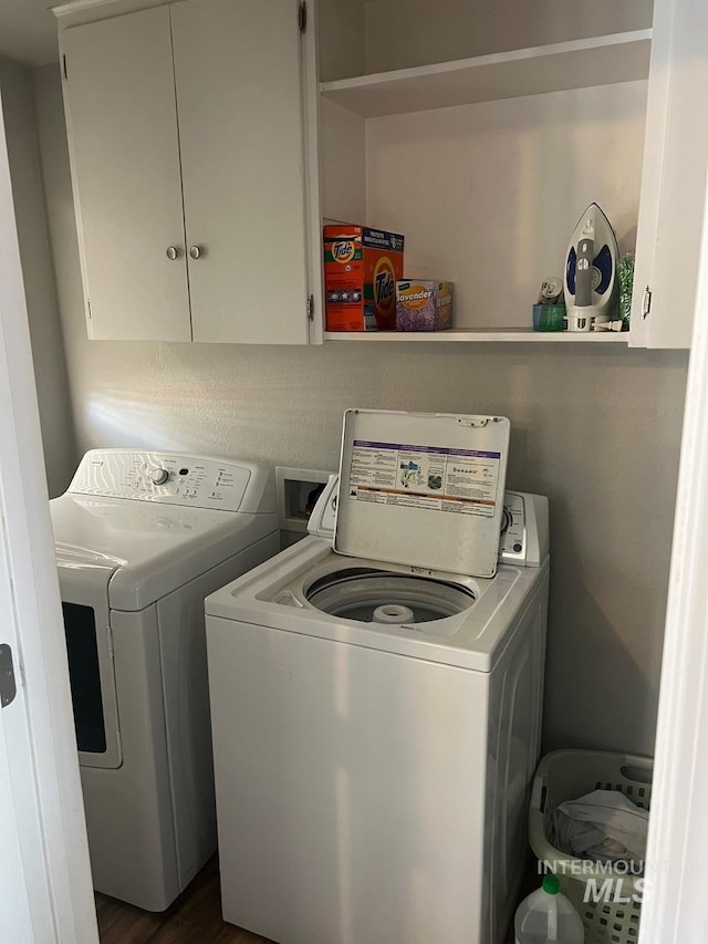 laundry area featuring washing machine and clothes dryer and cabinet space