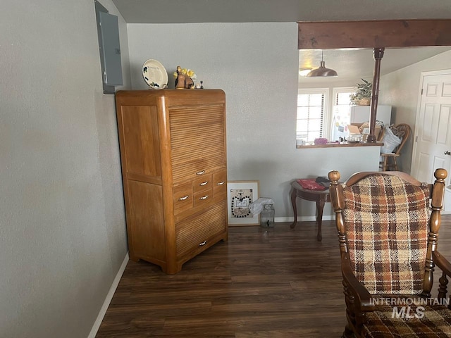 sitting room featuring baseboards and dark wood-style flooring