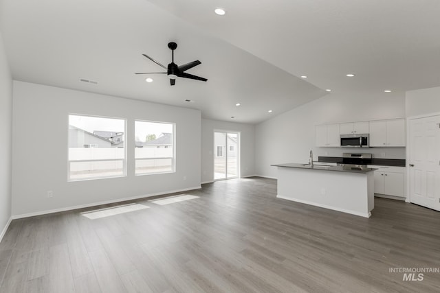 5754 W Stavros St, Meridian, ID 83646 - kitchen featuring appliances with stainless steel finishes, a sink, open floor plan, lofted ceiling, and ceiling fan