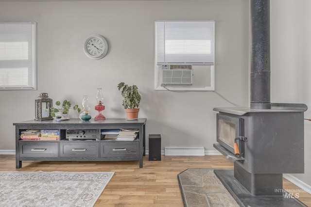 1035 N 7th Ave N, Payette, ID 83661 - detailed view of a wood stove, wood finished floors, baseboards, and cooling unit