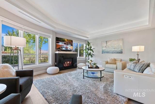 living room with a raised ceiling, baseboards, a glass covered fireplace, and wood finished floors