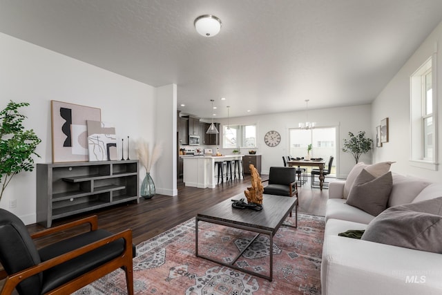 living room with dark hardwood / wood-style flooring and a notable chandelier