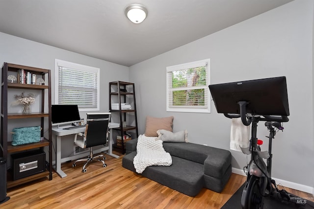 office featuring light hardwood / wood-style floors, lofted ceiling, and plenty of natural light