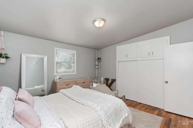 bedroom with a closet, dark hardwood / wood-style floors, and lofted ceiling