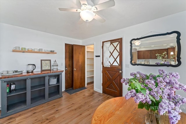 entrance foyer featuring light wood-style flooring and ceiling fan