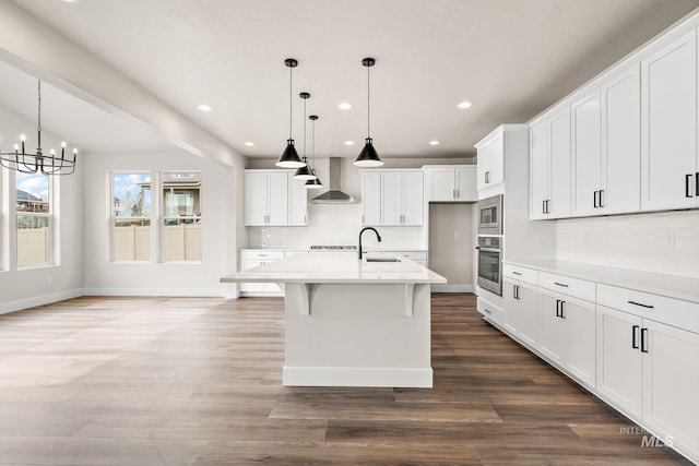 kitchen with appliances with stainless steel finishes, a sink, wall chimney exhaust hood, and wood finished floors