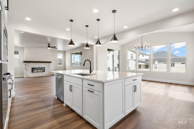 kitchen with a fireplace, a sink, open floor plan, stainless steel dishwasher, and dark wood-style floors