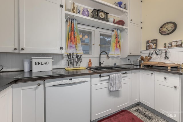 kitchen featuring backsplash, white cabinets, sink, and white dishwasher