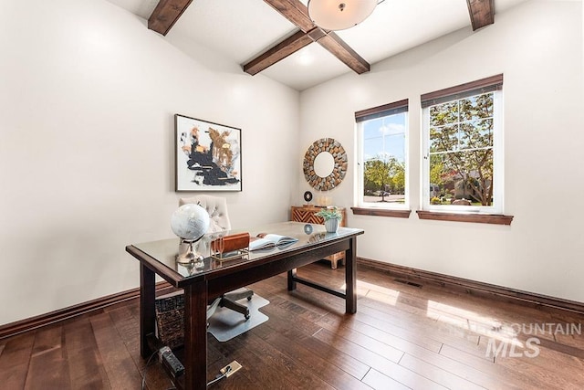 home office with beam ceiling, hardwood / wood-style floors, and baseboards