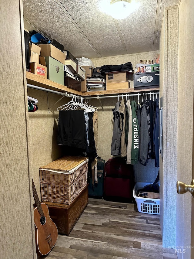 spacious closet with dark hardwood / wood-style flooring