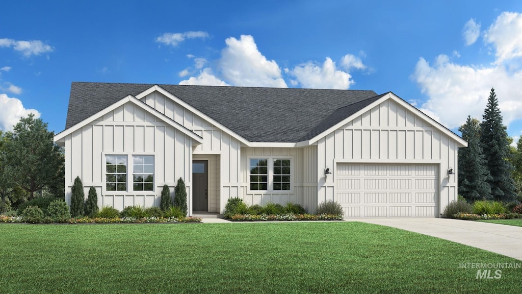 modern farmhouse featuring a garage, a front lawn, roof with shingles, board and batten siding, and concrete driveway