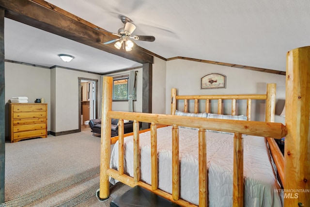 bedroom with carpet, baseboards, ornamental molding, and ceiling fan