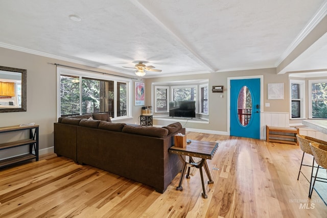 living room with light wood finished floors, crown molding, ceiling fan, and wainscoting