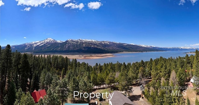 mountain view with a water view and a view of trees