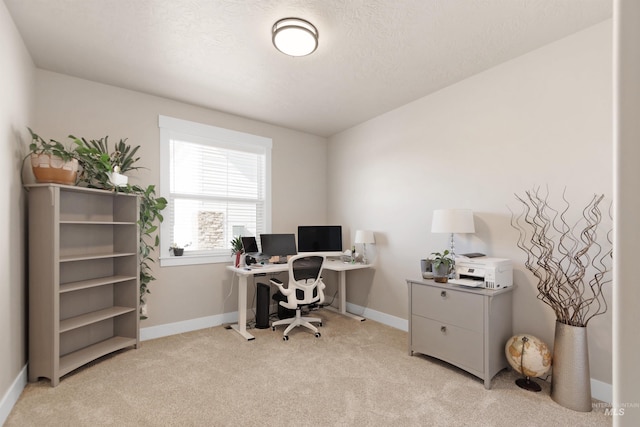 office with light carpet, a textured ceiling, and baseboards