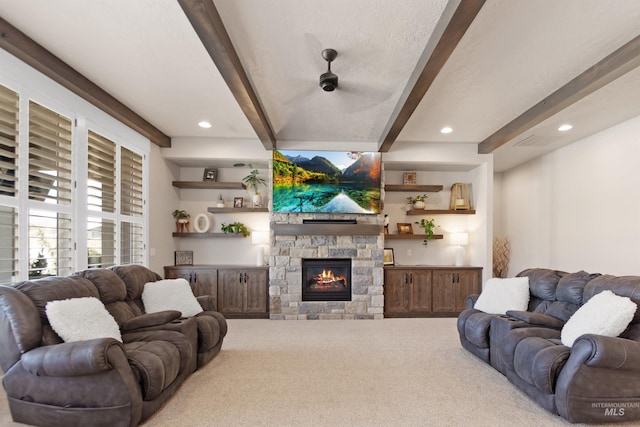 living room featuring carpet floors, a fireplace, recessed lighting, a textured ceiling, and beamed ceiling