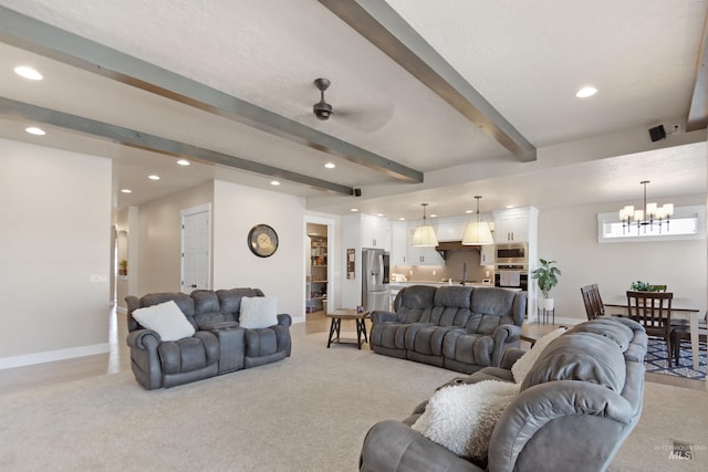 living room featuring recessed lighting, beam ceiling, and baseboards