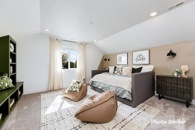 5543 E Bridal Veil Falls Dr, Nampa, ID 83686 - bedroom featuring light colored carpet, lofted ceiling, baseboards, and recessed lighting