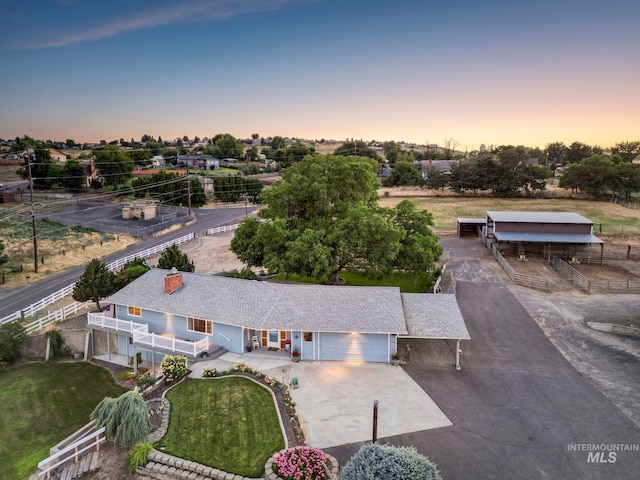 view of aerial view at dusk