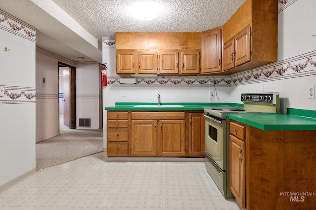 kitchen with a textured ceiling, sink, light colored carpet, and range with electric cooktop