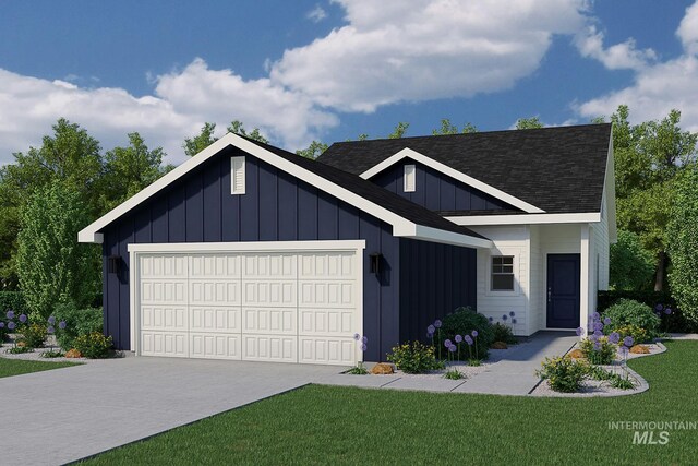10144 Longtail Dr, Nampa, ID 83687 - view of front of house with a shingled roof, a garage, board and batten siding, concrete driveway, and a front lawn