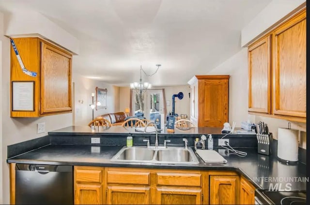 1630 N Davis Ave Unit 19, Mccall, ID 83638 - kitchen featuring dishwashing machine, a sink, dark countertops, a chandelier, and brown cabinets