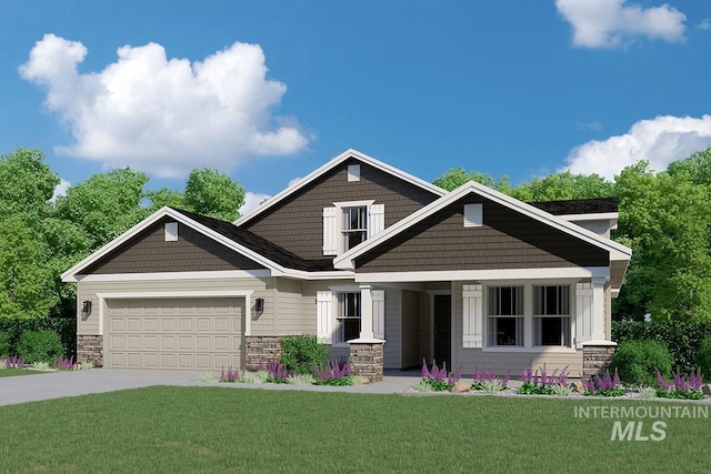 craftsman-style home with stone siding, concrete driveway, a front lawn, and an attached garage