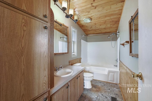 bathroom featuring visible vents, wooden ceiling, vanity, toilet, and shower / bathtub combination