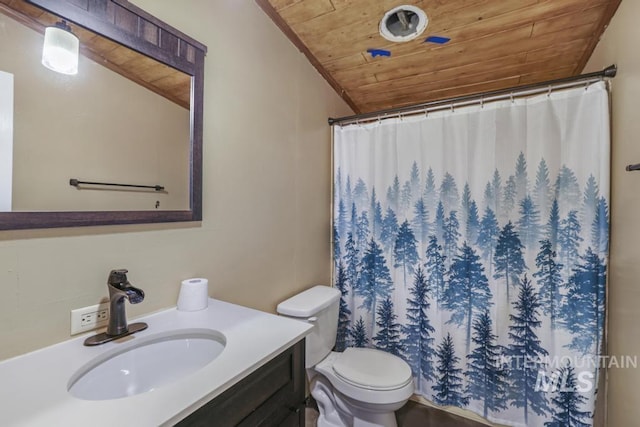 bathroom featuring vanity, lofted ceiling, toilet, wooden ceiling, and a shower with curtain