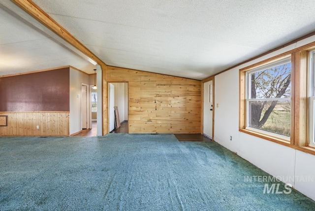 carpeted empty room featuring wooden walls, a textured ceiling, and lofted ceiling