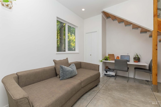 712 E Sheridan, Nampa, ID 83686 - living area with concrete floors, recessed lighting, stairway, and a desk