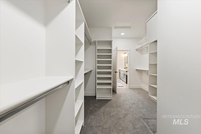 walk in closet featuring dark carpet