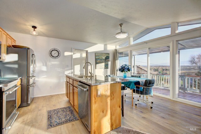 4420 N Ginzel St, Boise, ID 83703 - kitchen with lofted ceiling, dark stone counters, a sink, light wood-style floors, and appliances with stainless steel finishes