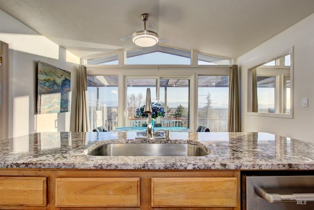 4420 N Ginzel St, Boise, ID 83703 - kitchen featuring light stone counters, lofted ceiling, ceiling fan, and a sink