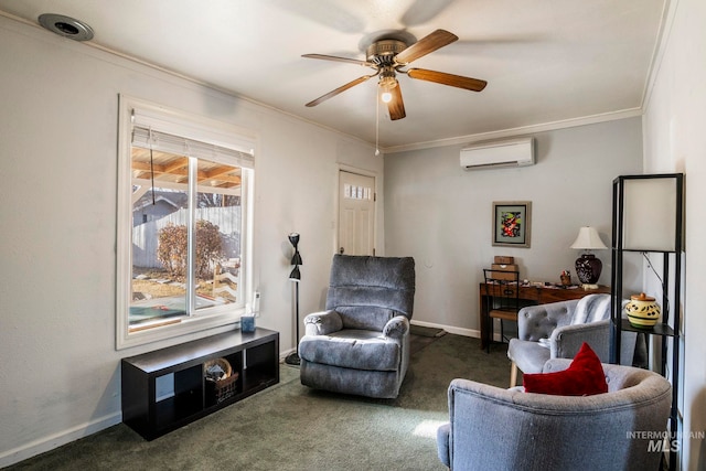 sitting room with carpet, baseboards, crown molding, and a wall mounted air conditioner