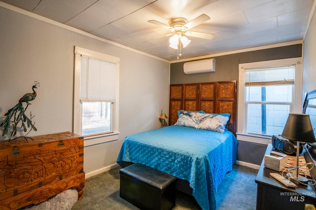 bedroom featuring baseboards, ceiling fan, ornamental molding, carpet flooring, and an AC wall unit