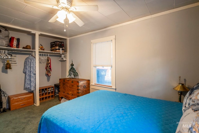 bedroom featuring carpet, crown molding, and a ceiling fan