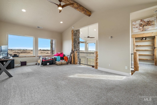 13331 Peaceful Way, Nampa, ID 83686 - carpeted living room with a healthy amount of sunlight, baseboards, lofted ceiling with beams, and visible vents